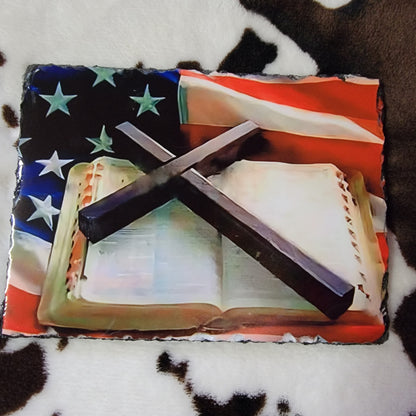 American Flag Bible Cross Photo Rock Slate