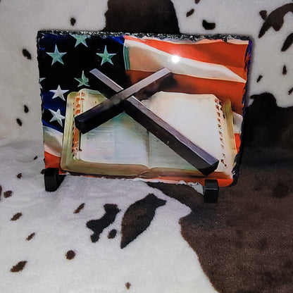 American Flag Bible Cross Photo Rock Slate