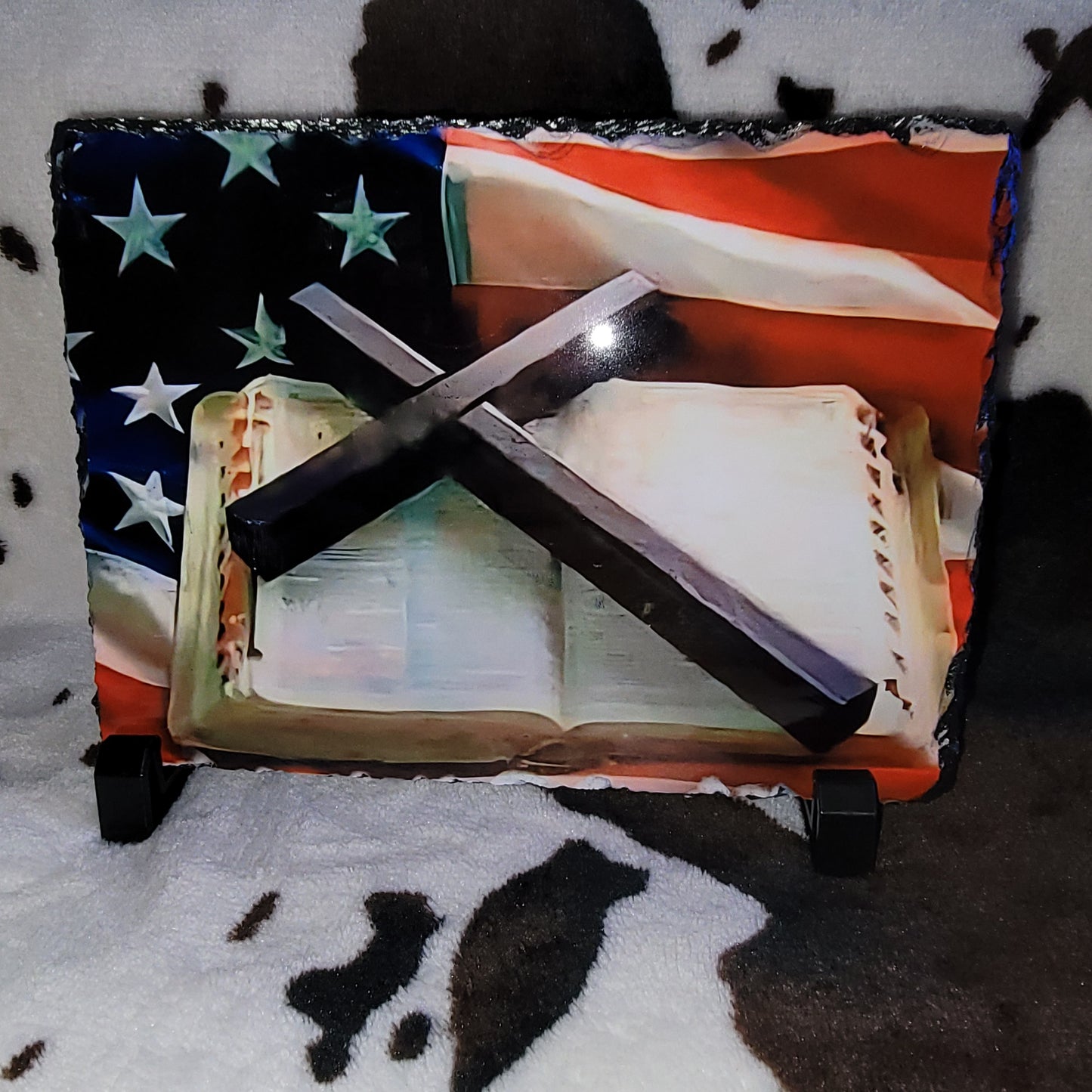 American Flag Bible Cross Photo Rock Slate