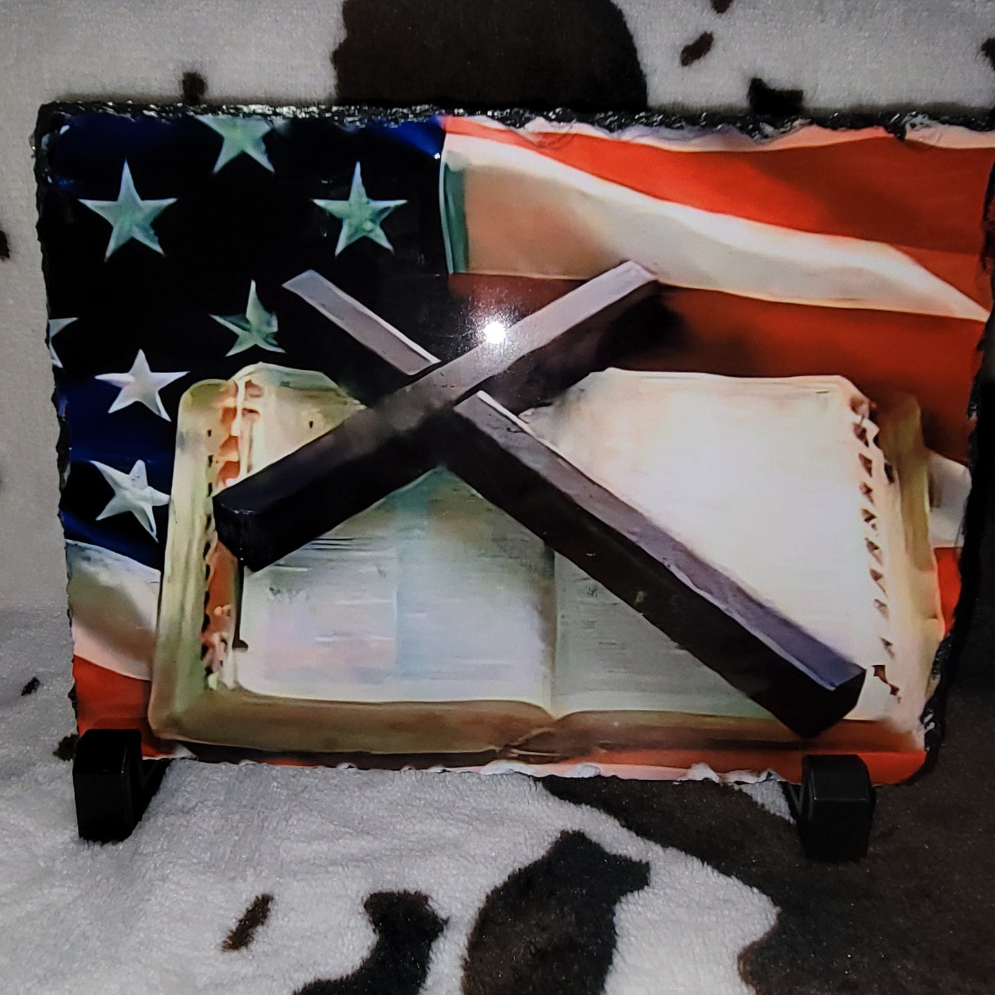 American Flag Bible Cross Photo Rock Slate