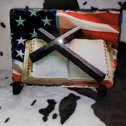 American Flag Bible Cross Photo Rock Slate