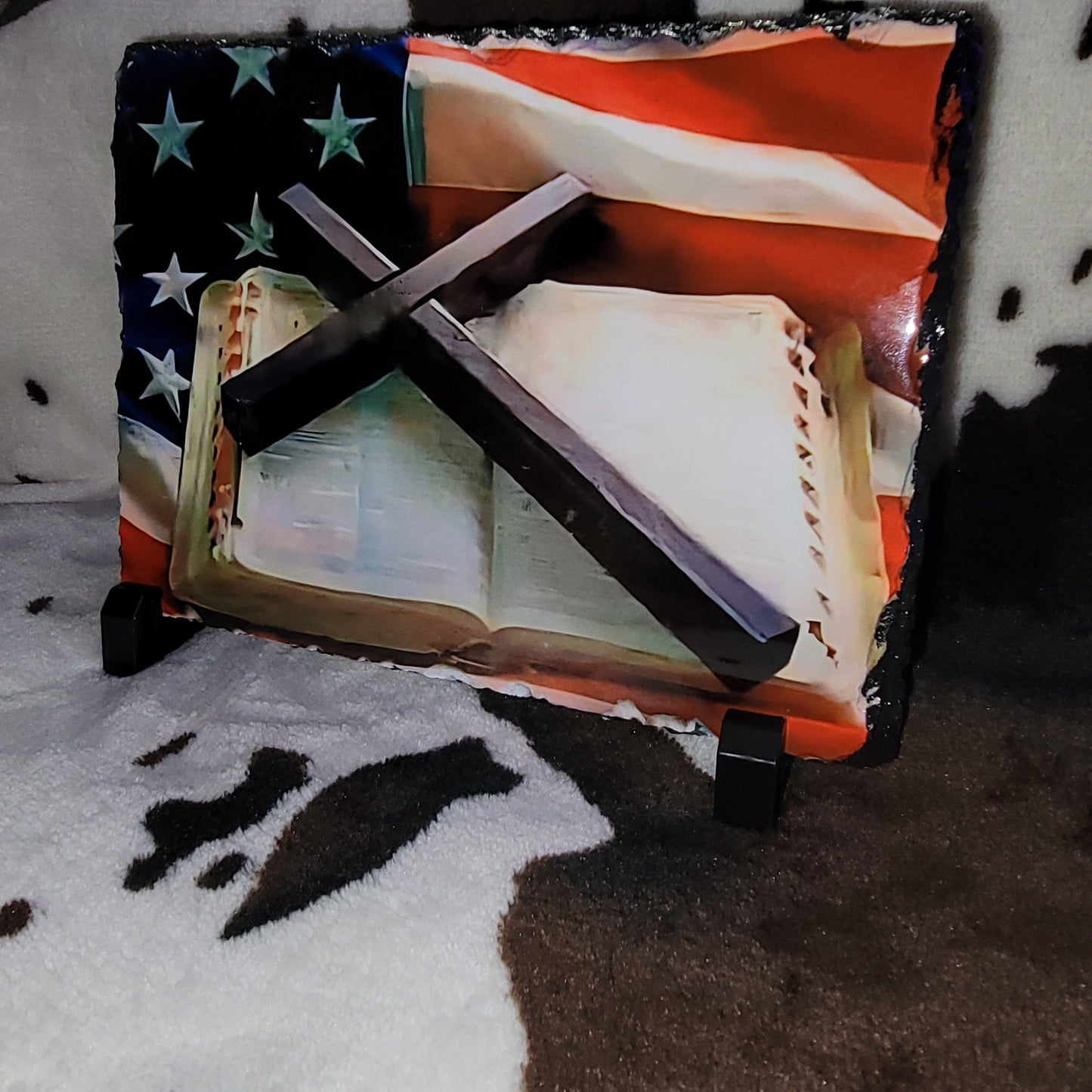 American Flag Bible Cross Photo Rock Slate