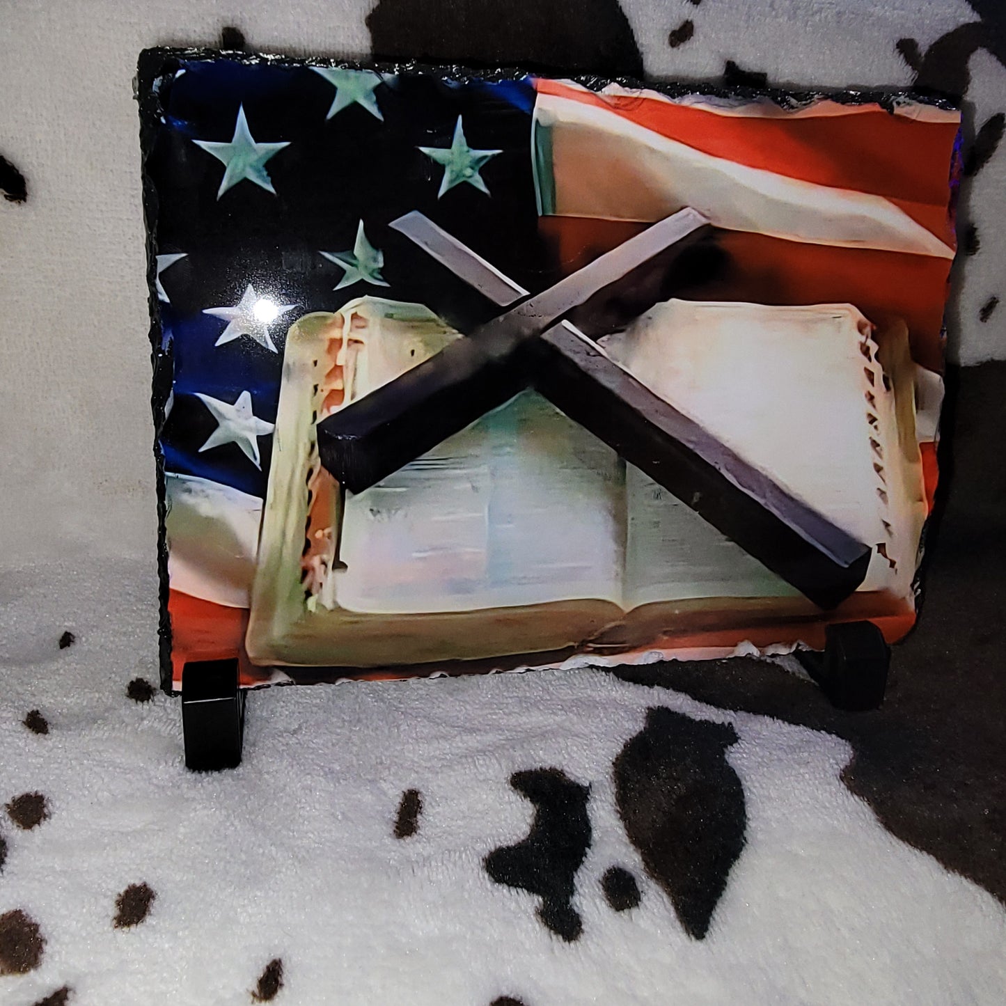 American Flag Bible Cross Photo Rock Slate