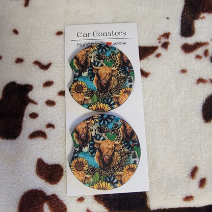 Sunflower Highland Cow Neoprene Car Coaster Set