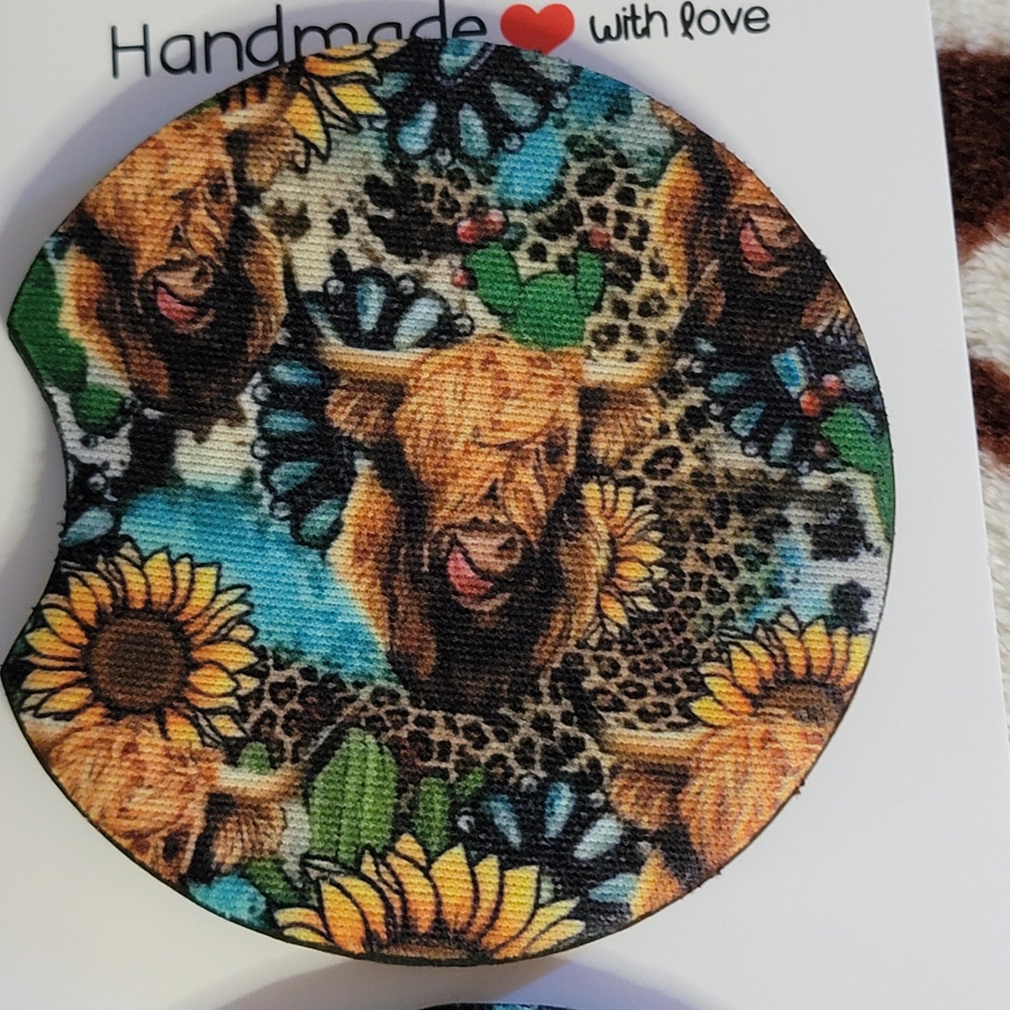 Sunflower Highland Cow Neoprene Car Coaster Set