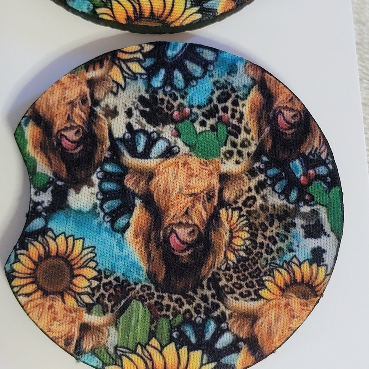 Sunflower Highland Cow Neoprene Car Coaster Set