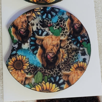 Sunflower Highland Cow Neoprene Car Coaster Set