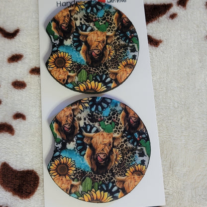 Sunflower Highland Cow Neoprene Car Coaster Set