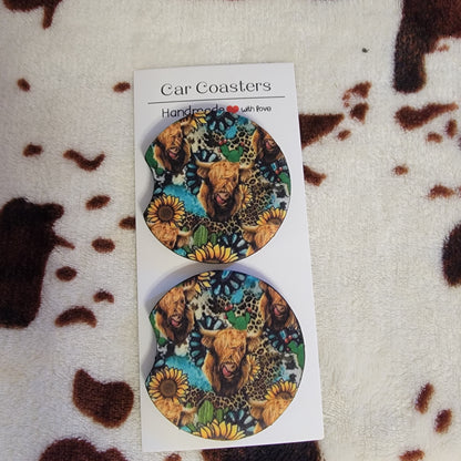 Sunflower Highland Cow Neoprene Car Coaster Set