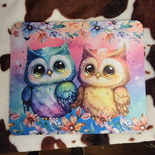 Cartoon Owls Floral Mouse Pad