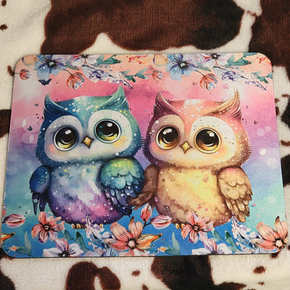 Cartoon Owls Floral Mouse Pad