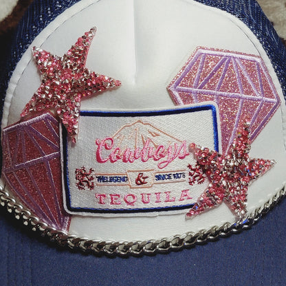 Cowboys and Tequila Western Trucker Hat Snapback Custom Patches Bling Cap Chain