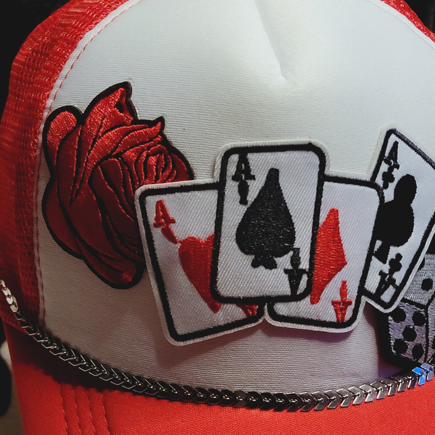 Red Poker Rose Dice Western Trucker Hat Snapback Custom Patches Bling Cap Chain