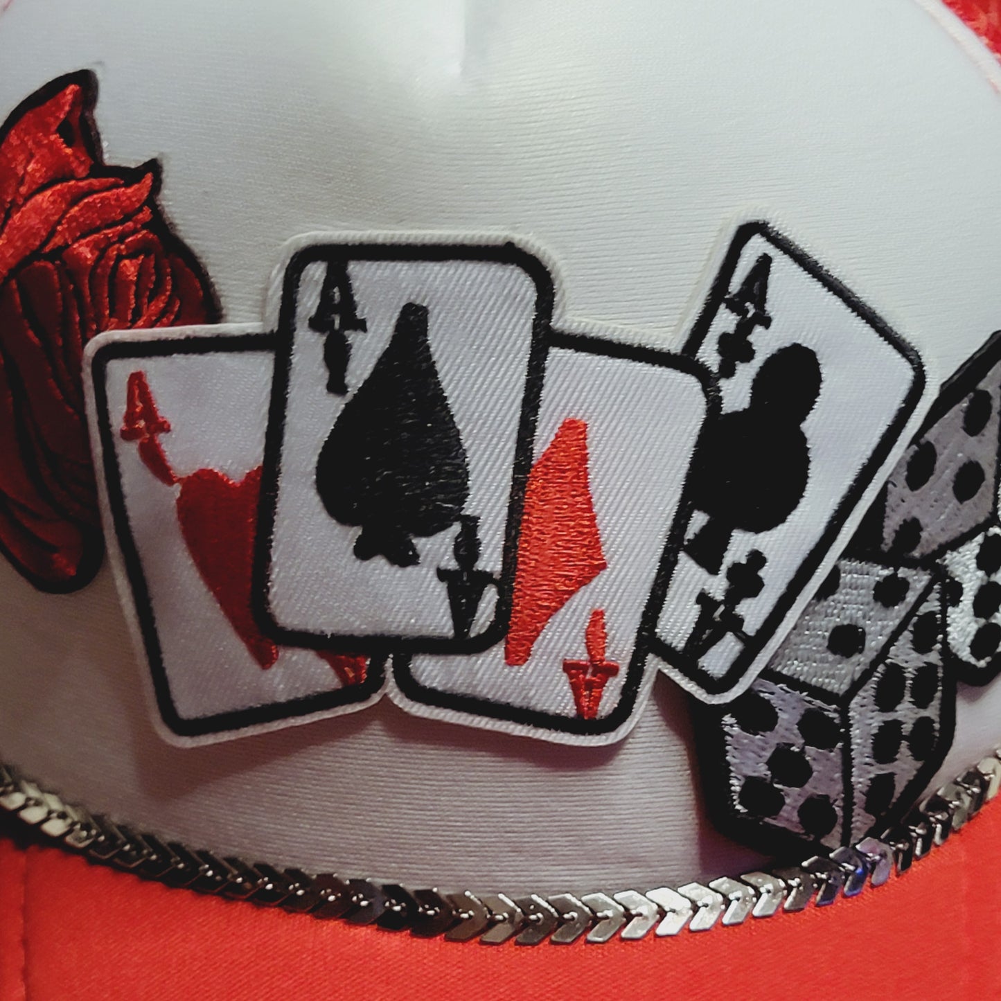 Red Poker Rose Dice Western Trucker Hat Snapback Custom Patches Bling Cap Chain