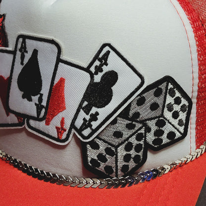 Red Poker Rose Dice Western Trucker Hat Snapback Custom Patches Bling Cap Chain