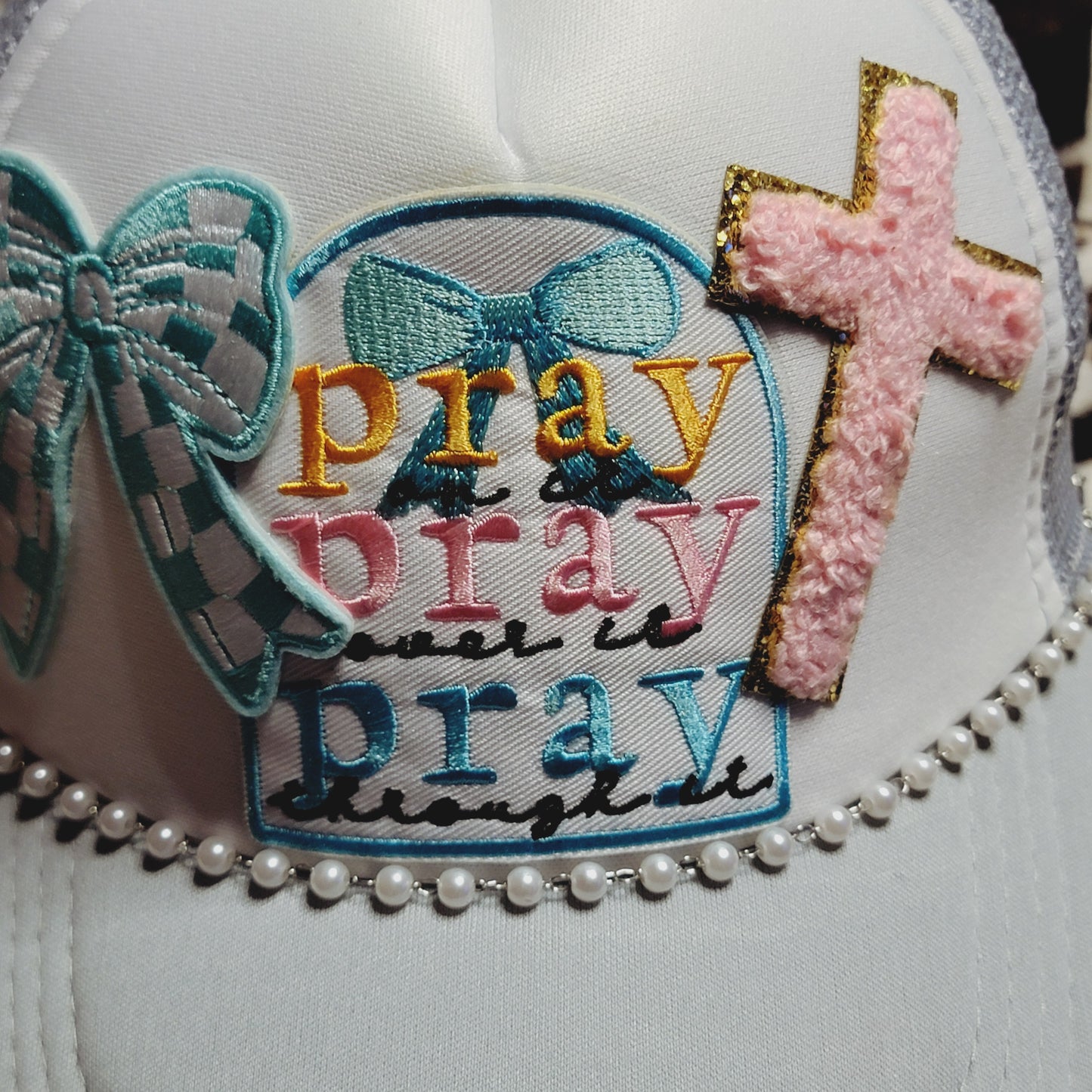 Pray On It Cross Western Bow Trucker Hat Snapback Custom Patches Pearl Cap Chain