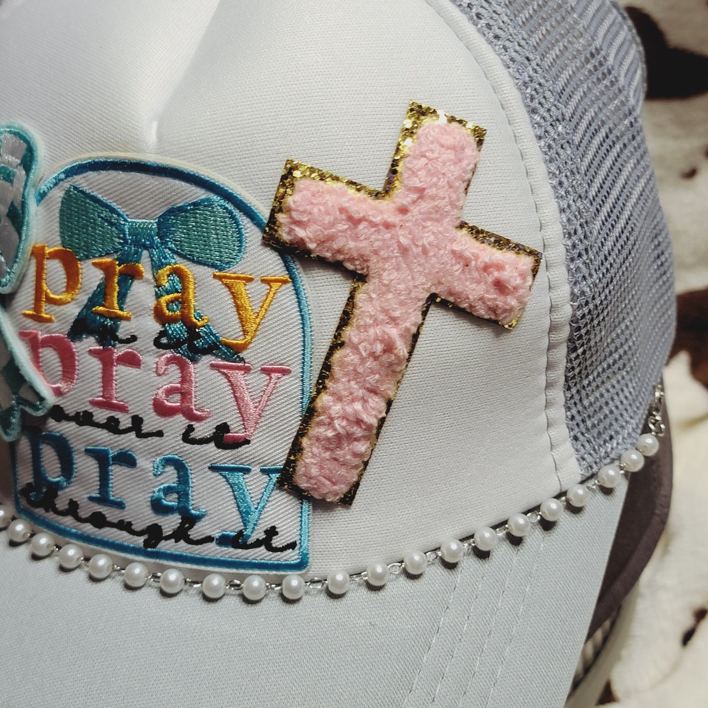 Pray On It Cross Western Bow Trucker Hat Snapback Custom Patches Pearl Cap Chain