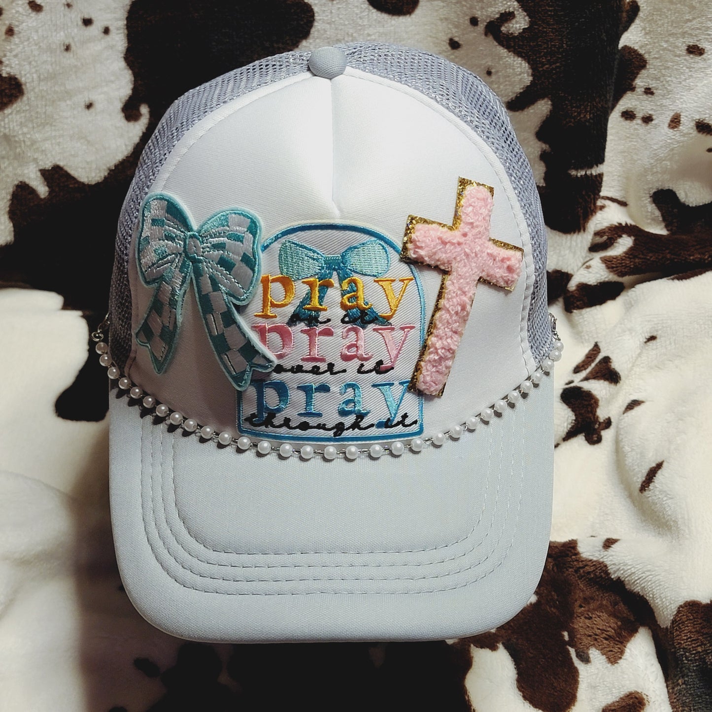 Pray On It Cross Western Bow Trucker Hat Snapback Custom Patches Pearl Cap Chain