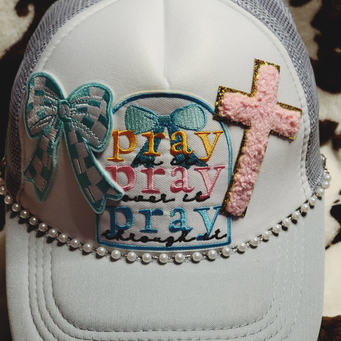 Pray On It Cross Western Bow Trucker Hat Snapback Custom Patches Pearl Cap Chain