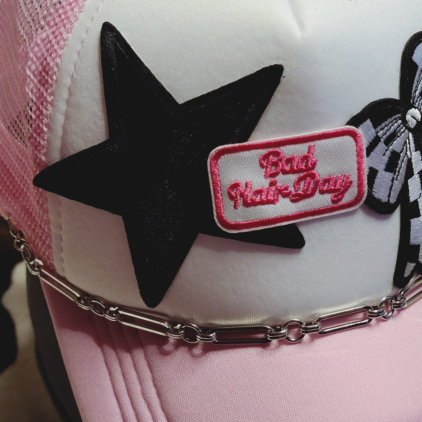 Bad Hair Day Pink Western Trucker Hat Snapback Custom Patches Bling Cap Chain