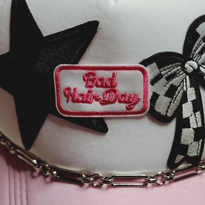 Bad Hair Day Pink Western Trucker Hat Snapback Custom Patches Bling Cap Chain