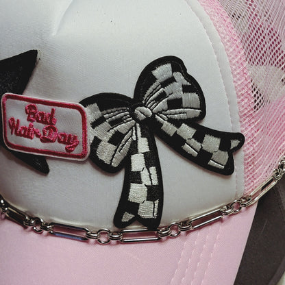 Bad Hair Day Pink Western Trucker Hat Snapback Custom Patches Bling Cap Chain