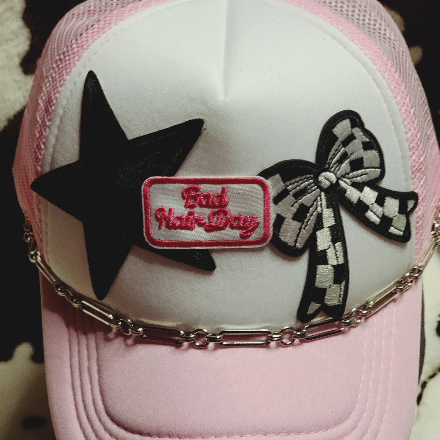 Bad Hair Day Pink Western Trucker Hat Snapback Custom Patches Bling Cap Chain