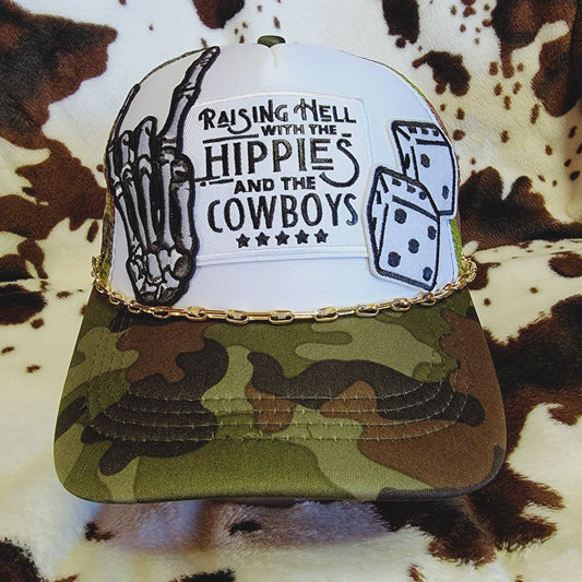 Hippies and Cowboys Camo Western Trucker Hat Snapback Custom Patches