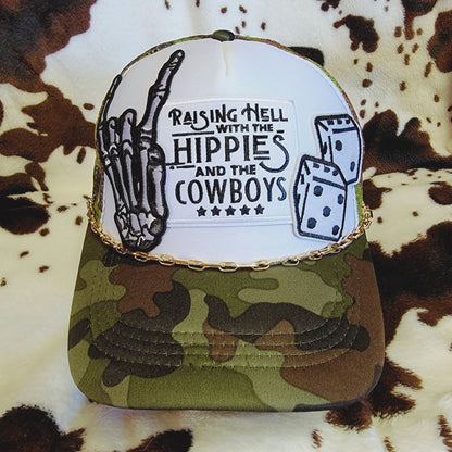 Hippies and Cowboys Camo Western Trucker Hat Snapback Custom Patches