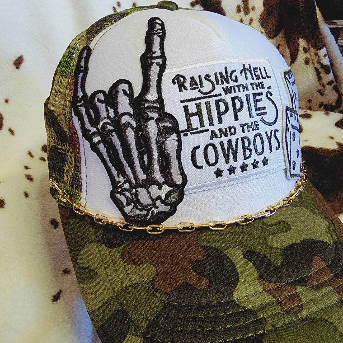 Hippies and Cowboys Camo Western Trucker Hat Snapback Custom Patches