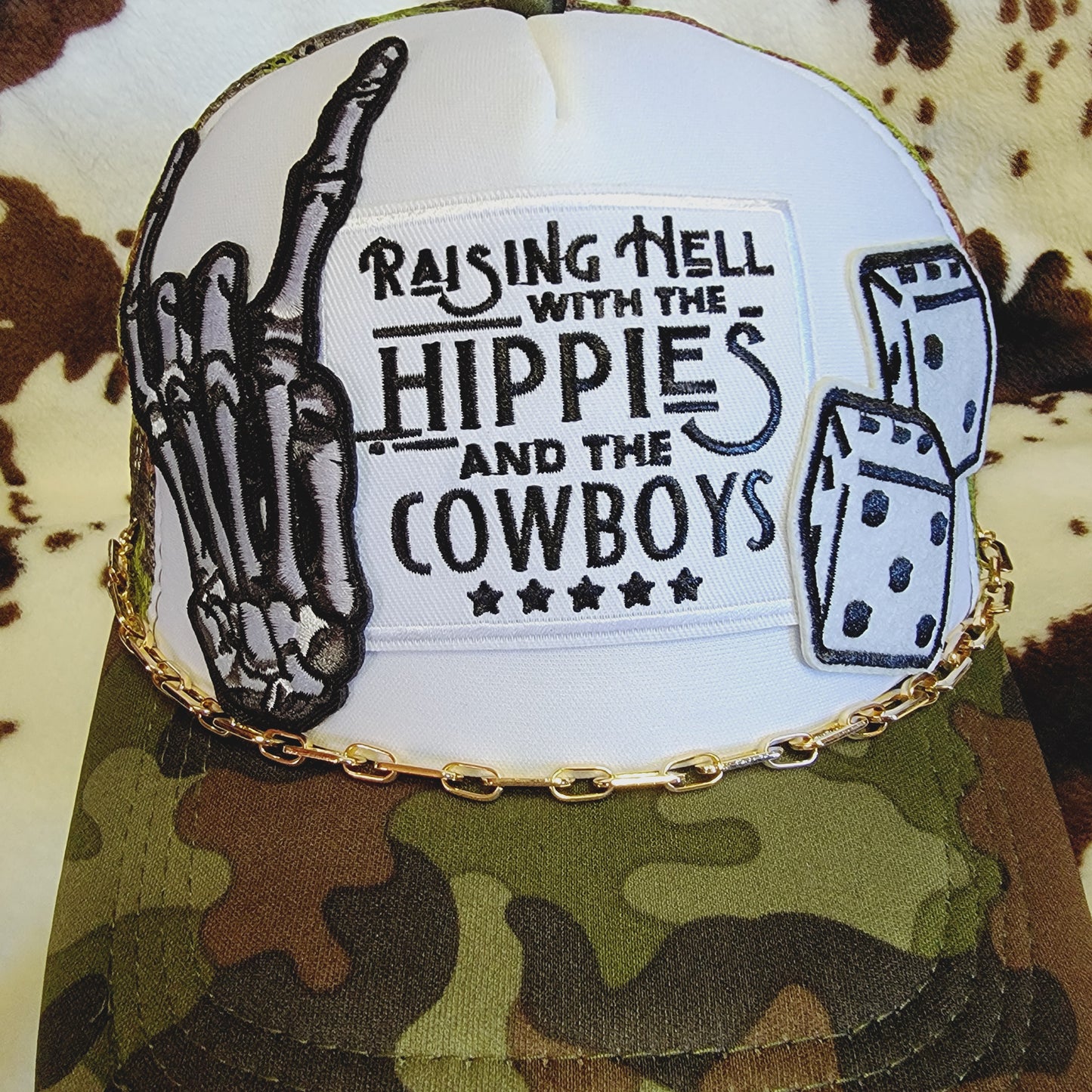 Hippies and Cowboys Camo Western Trucker Hat Snapback Custom Patches