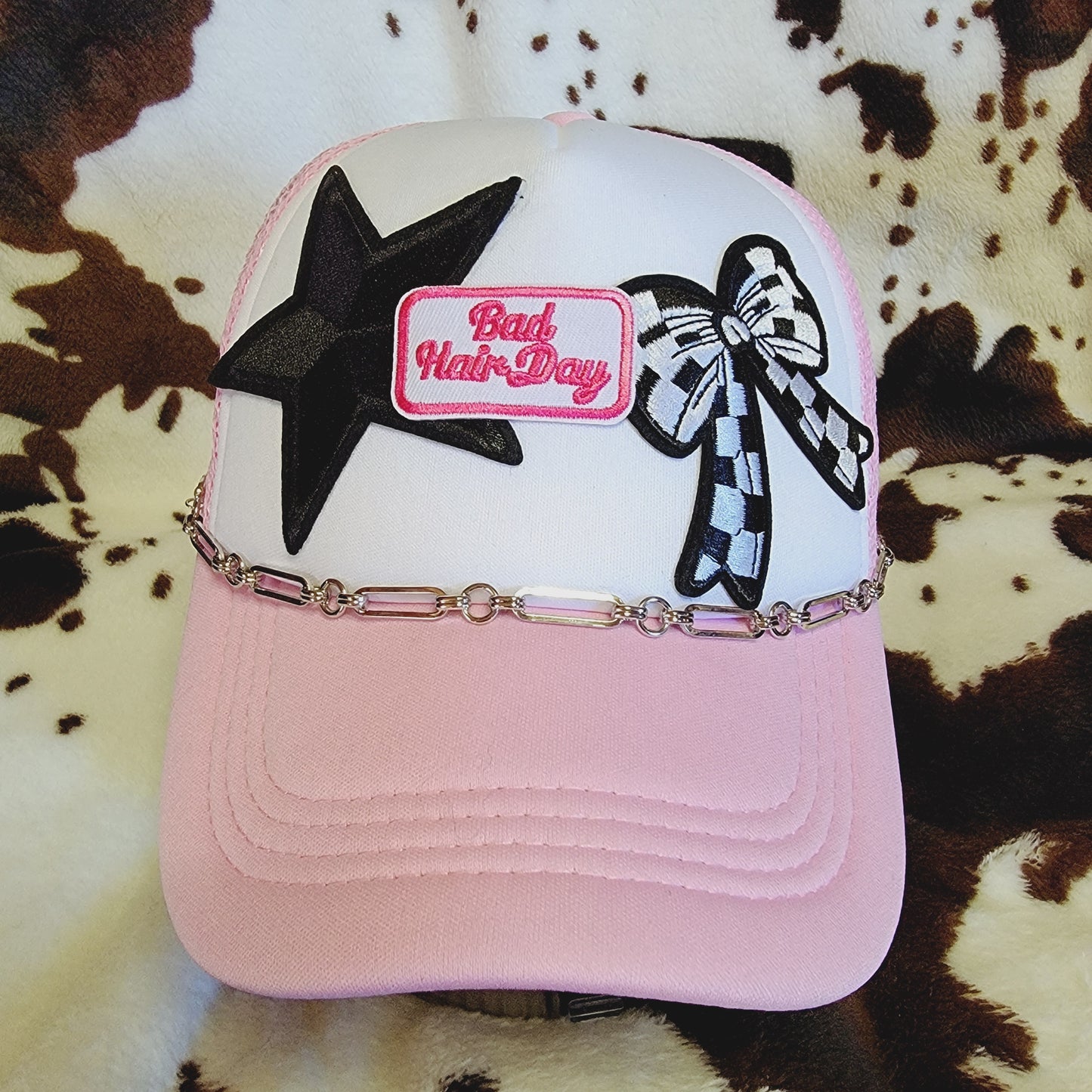 Bad Hair Day Pink Western Trucker Hat Snapback Custom Patches Bling Cap Chain