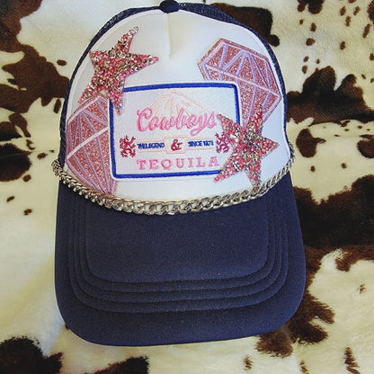 Cowboys and Tequila Western Trucker Hat Snapback Custom Patches Bling Cap Chain