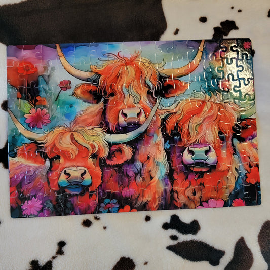 Watercolor Highland Cows 120 PC Handmade Jigsaw Puzzle