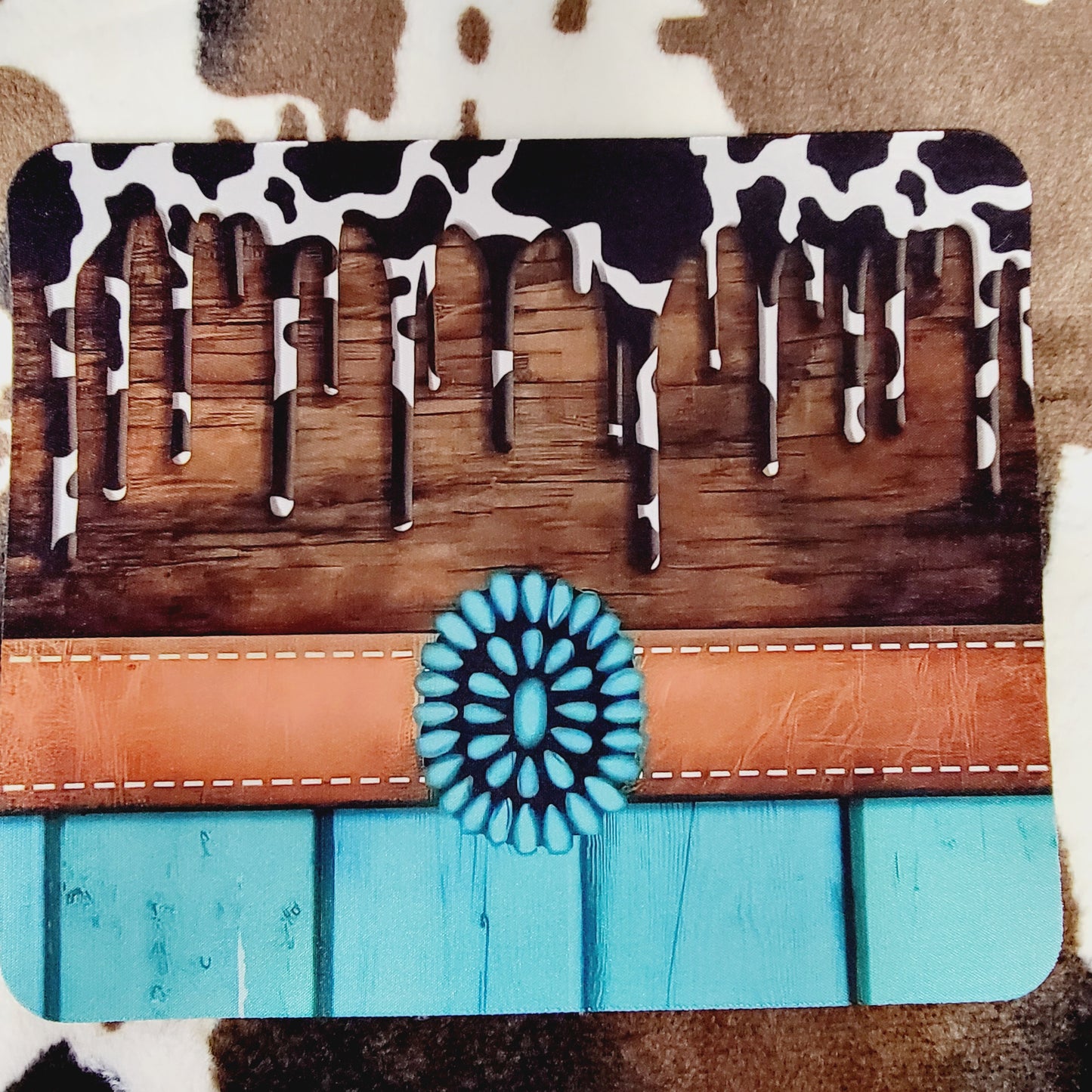 Western Turquoise Cow Print Computer Mouse Pad