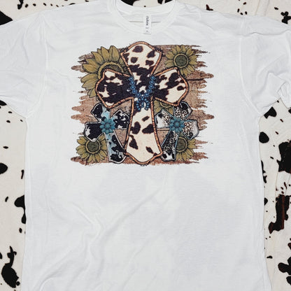 Cow Print Cross Western Tee Shirt