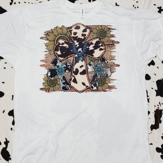 Cow Print Cross Western Tee Shirt