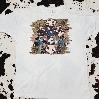 Western Cow Print Cross White Short Sleeve Graphic Tee