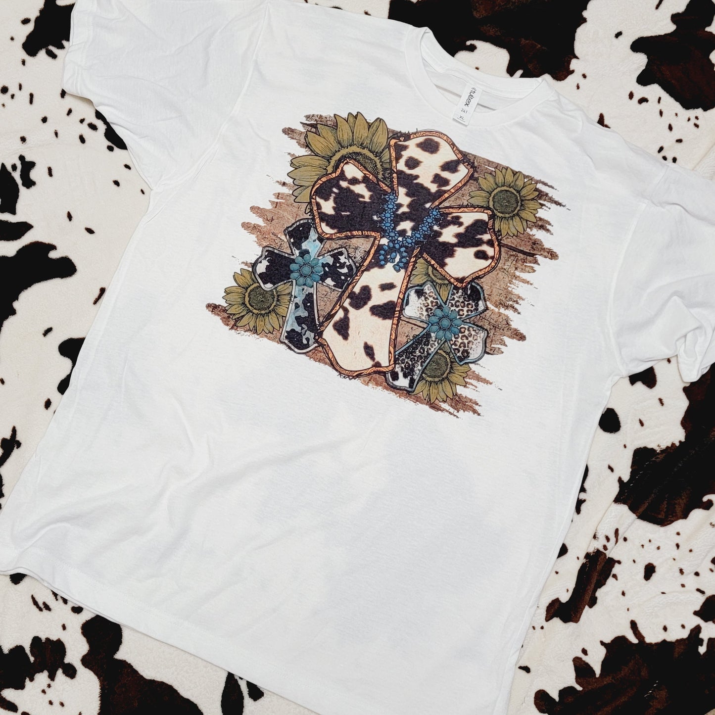 Cow Print Cross Western Tee Shirt