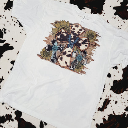 Cow Print Cross Western Tee Shirt