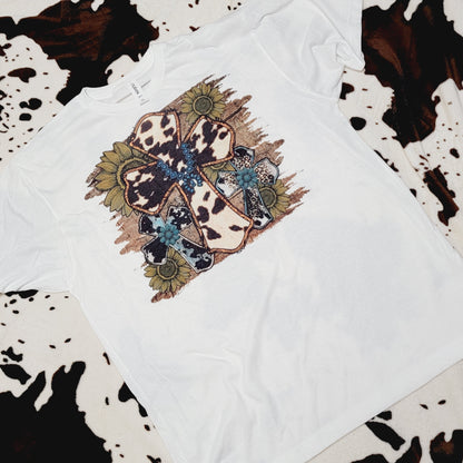 Western Cow Print Cross White Short Sleeve Graphic Tee
