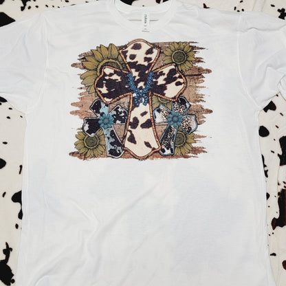Western Cow Print Cross White Short Sleeve Graphic Tee