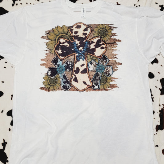 Western Cow Print Cross White Short Sleeve Graphic Tee