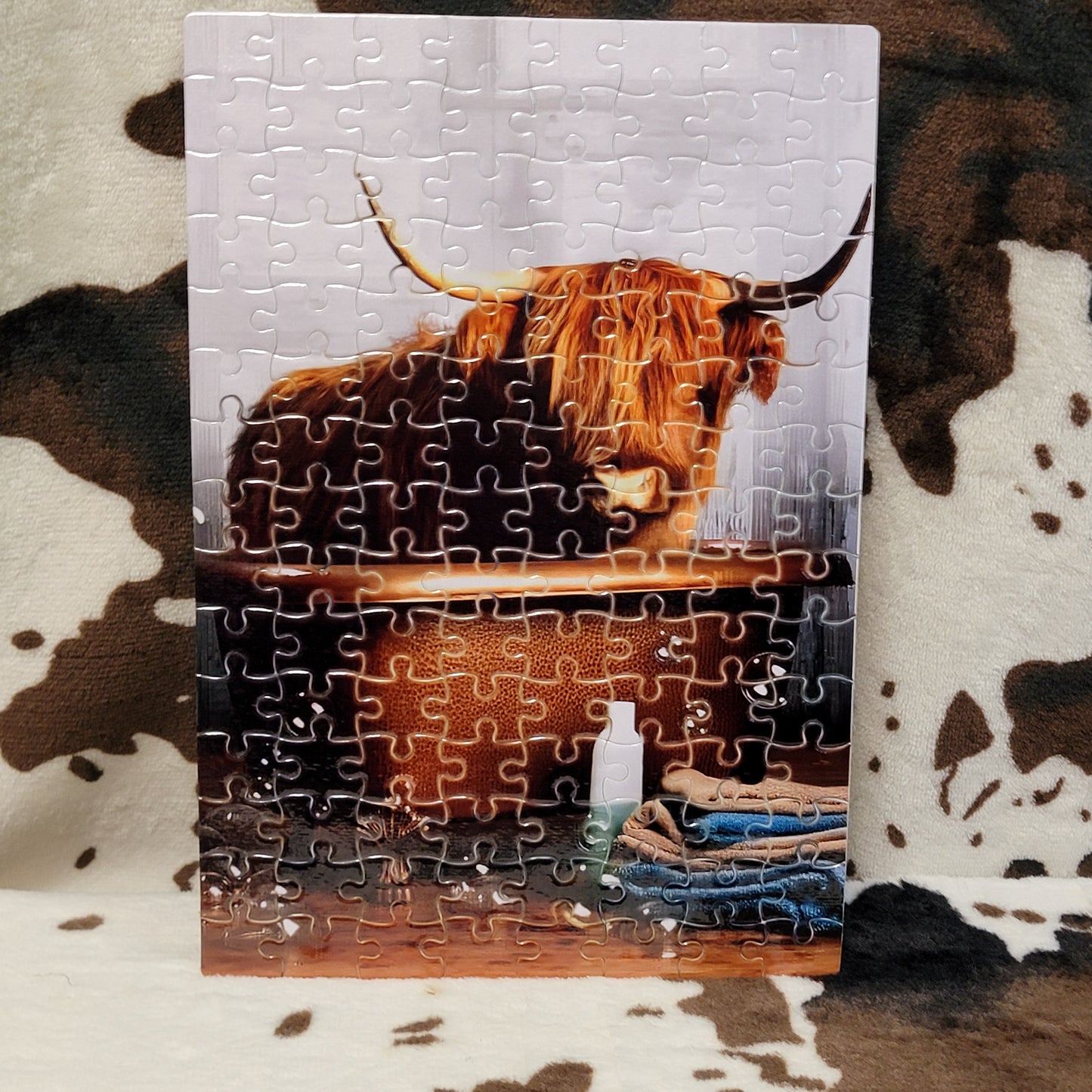 Highland Cow In The Tub 120 Piece Handmade Jigsaw Puzzle