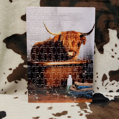 Highland Cow In The Tub 120 Piece Handmade Jigsaw Puzzle
