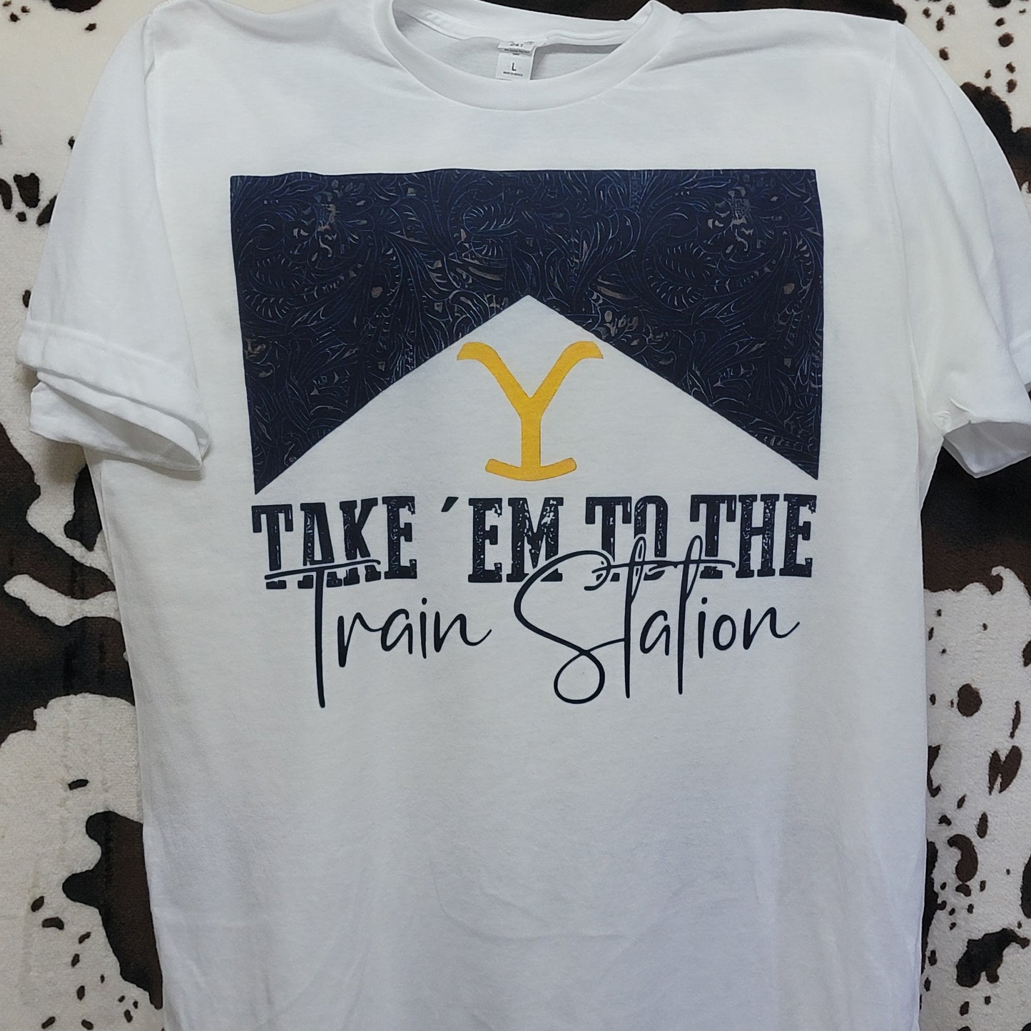 Take Them To The Train Station Western White Graphic T-Shirt