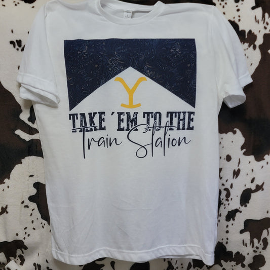 Take Them To The Train Station Western White Graphic T-Shirt