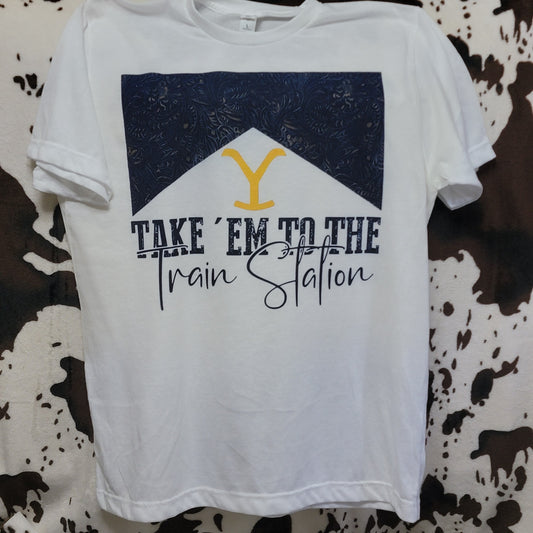Take Them To The Train Station Western White Graphic T-Shirt