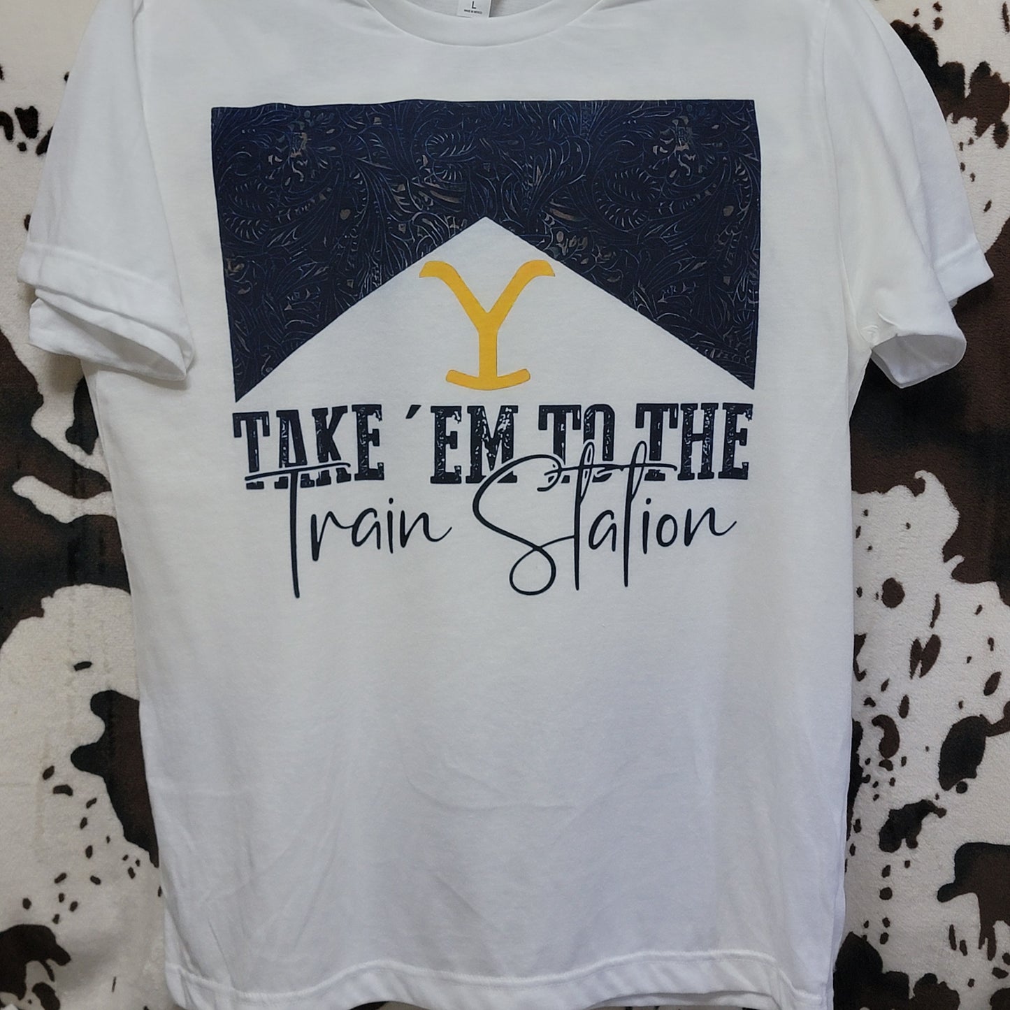 Take Them To The Train Station Western White Graphic T-Shirt