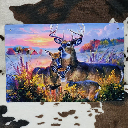 Sunset Deer Family Western Metal Sign